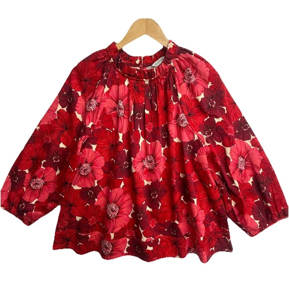 crown & ivy Tops - Crown & Ivy Floral Blouse Womens L Red Ruffle Neck Boho Peasant Top